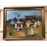 Lisbreun : Figures in a market, oil on board, 65 x 47 cm, framed.