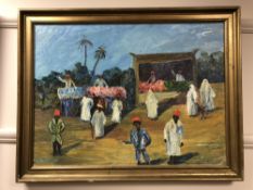 Lisbreun : Figures in a market, oil on board, 65 x 47 cm, framed.