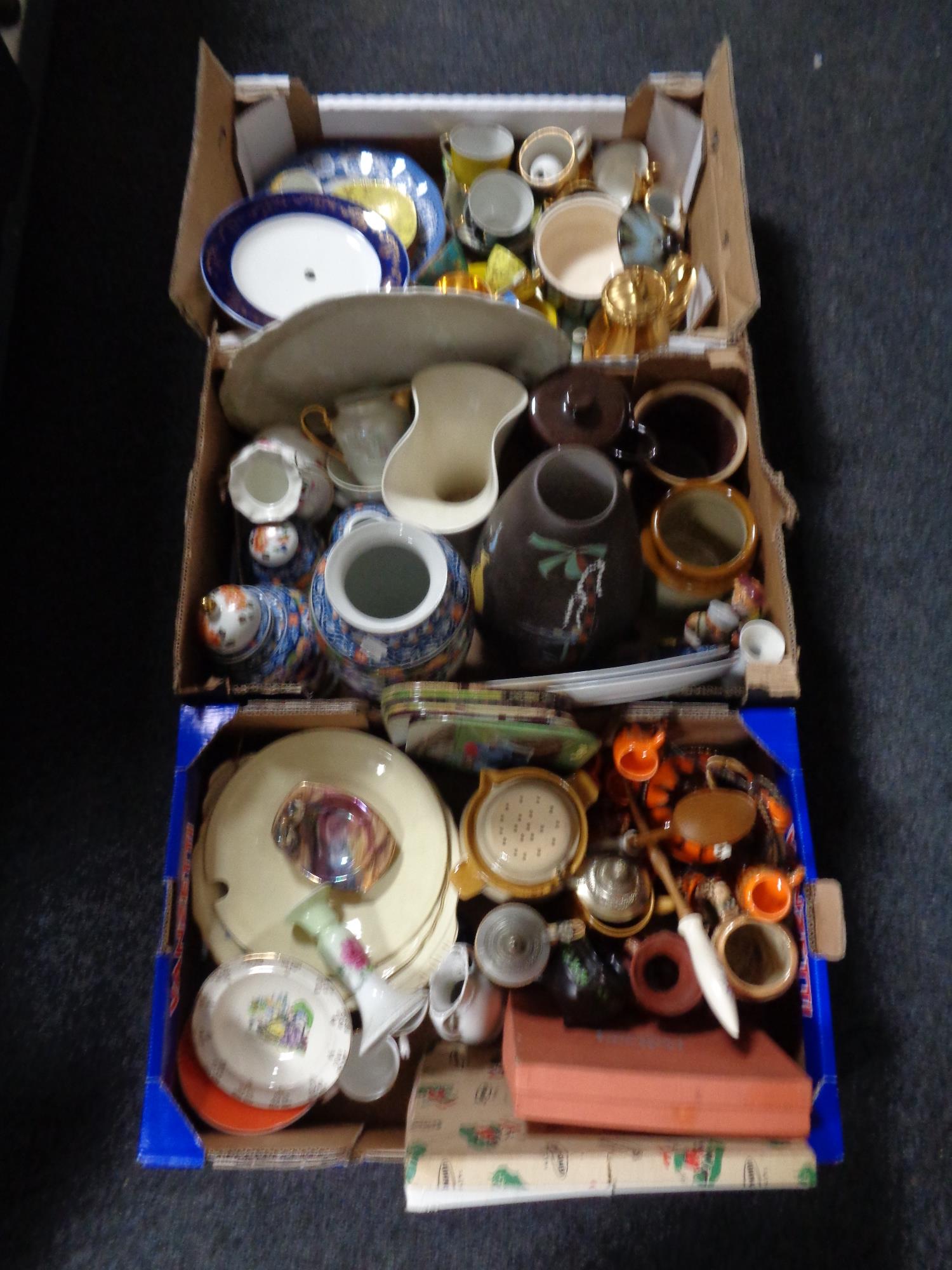 Three boxes of various china to include beer steins, Chinese floral patterned vases and plates,