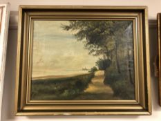 Continental school : A track by a beach, oil on canvas, 32 x 25 cm, framed.