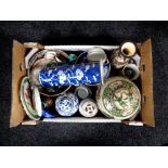 A box containing 20th century and later oriental wares to include blue and white vases, ginger jars,