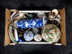 A box containing 20th century and later oriental wares to include blue and white vases, ginger jars,