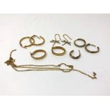 A 9ct gold chain (broken), together with four pairs of 9ct gold earrings and one odd earring, 8.