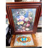 A contemporary fire screen with floral panel on brass feet, together with a Tourist butterfly tray.