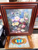 A contemporary fire screen with floral panel on brass feet, together with a Tourist butterfly tray.