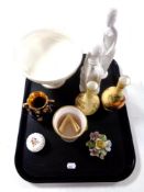 A tray of assorted china - Spode figures, pair of Aynsley Orchard Gold vases,