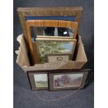 A quantity of 20th century pictures and prints, a mirror mounted on a teak board,