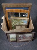 A quantity of 20th century pictures and prints, a mirror mounted on a teak board,