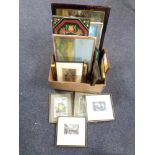 A box of assorted pictures - continental school oils on boards, fishing trawler initialled E.S.