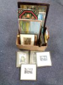 A box of assorted pictures - continental school oils on boards, fishing trawler initialled E.S.