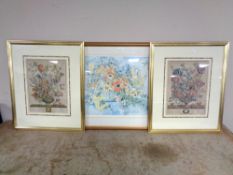 A gilt framed Gillian French signed print of flowers in a vase and two further gilt framed