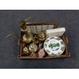 A box of eastern brass teapot, a further four piece brass tea set,