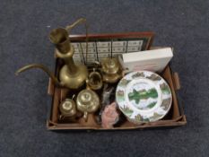 A box of eastern brass teapot, a further four piece brass tea set,