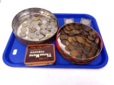 A tray containing a quantity of pre decimal Victorian and Georgian pennies and half pennies,