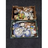 Two boxes of assorted china to include willow pattern dinner ware, novelty teapots,