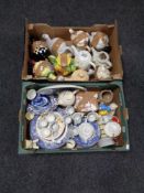 Two boxes of assorted china to include willow pattern dinner ware, novelty teapots,