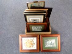 A box of assorted pictures - tapestry, watercolour, F.