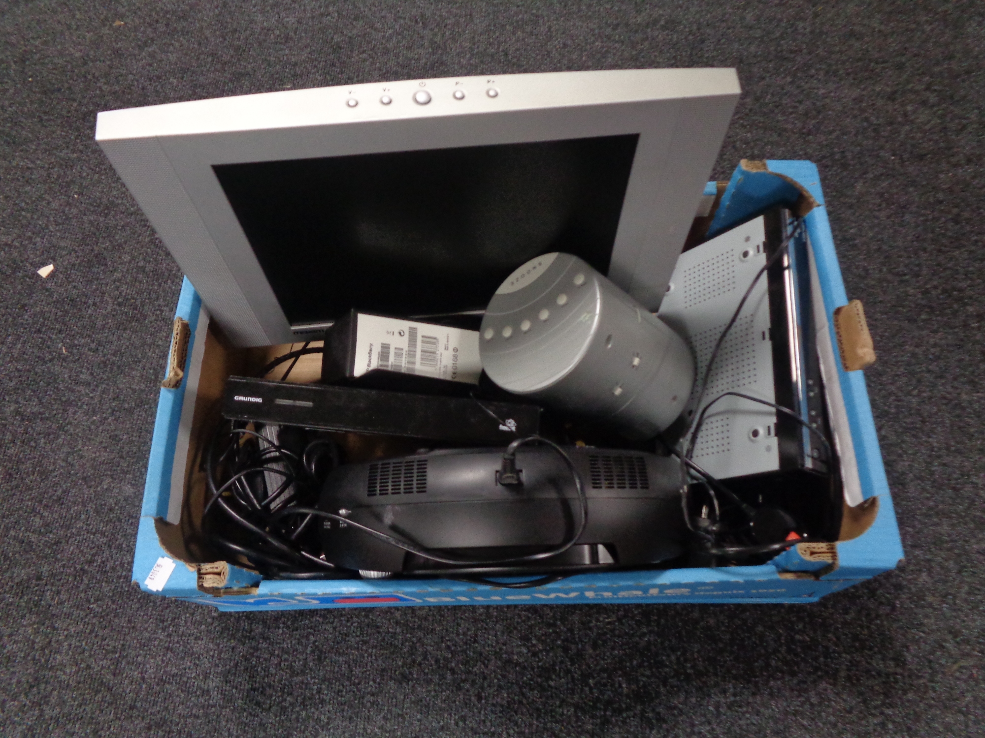 A box of assorted electricals to include LCD TV, freesat boxes,