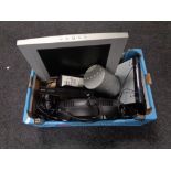 A box of assorted electricals to include LCD TV, freesat boxes,