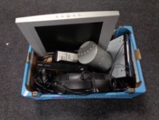 A box of assorted electricals to include LCD TV, freesat boxes,