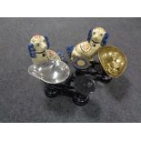 A pair of Staffordshire style dogs together with two sets of kitchen scales,