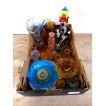 A box of Murano glass clown and a quantity of 20th century glass ware to include amber trinket sets,