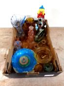 A box of Murano glass clown and a quantity of 20th century glass ware to include amber trinket sets,