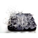 A tray of assorted glass ware to include Royal Albert whisky tumblers,