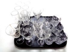A tray of assorted glass ware to include Royal Albert whisky tumblers,