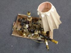 A box of nine assorted brass and other table lamps and an antique shade