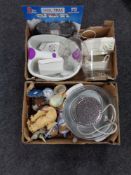 Two boxes of oriental style teapots, ornaments, kitchen electricals,