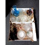 Two boxes of a quantity of 20th century glass ware to include pressed glass bowls, drinking glasses,