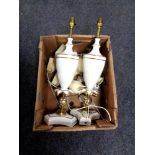 A box containing a pair of brass and ceramic table lamps together with five further alabaster table
