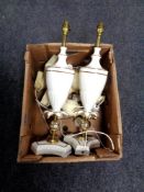 A box containing a pair of brass and ceramic table lamps together with five further alabaster table