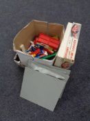 A box containing loose Lego, vintage Italian remote control Ferrari.