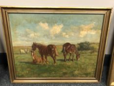 Continental school : Horses in a field, oil on canvas, 42 x 33 cm, framed.