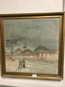 Continental school : Two figures by a crane, oil on canvas, signed H L, dated '48.