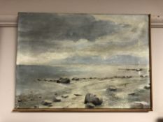 Continental school : A rocky shoreline, oil on canvas, 49 x 36 cm, indistinctly signed, framed.