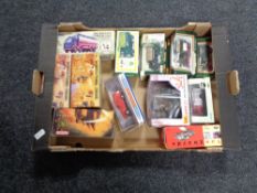 A box containing boxed die cast vehicles by Matchbox, Corgi, Maisto, Oxford etc.