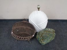 A Victorian cast iron fire basket together with a box containing ceramic table lamp and stool