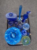 A tray containing a quantity of blue glassware including vases,