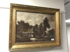 A continental monochrome print of a water mill in gilt frame