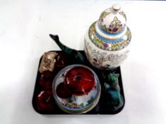 A tray containing 20th century oriental lidded vase on stand, weighed tortoises, collector's plates,