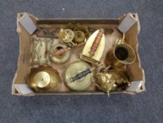 A box containing 20th century brassware including kettles, iron on trivet,