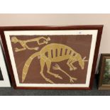 A continental print on card depicting a kangaroo, 76 x 58 cm, framed.