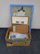 A box of pictures and prints, gilt framed oil on board,