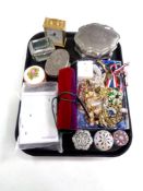 A tray containing brass cased mantel clock, costume jewellery, trinket boxes,