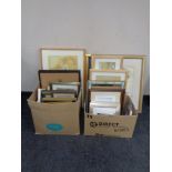 Two boxes containing 20th century pictures and prints,