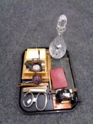 A tray of collectables including AA badge, toasting fork, paperweight,