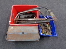 Two crates containing hand tools, spirit levels,
